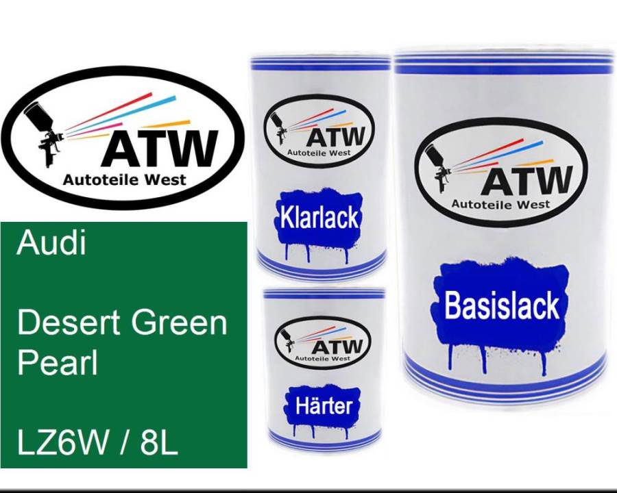 Audi, Desert Green Pearl, LZ6W / 8L: 500ml Lackdose + 500ml Klarlack + 250ml Härter - Set, von ATW Autoteile West.